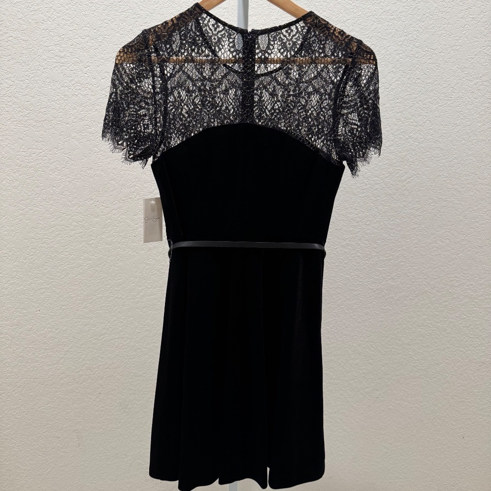 New Women's Jessica Simpson Black and Gold Lace Trim Belted Velvet Dress - Picture 3 of 6